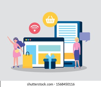 people on line with webpage template vector illustration design