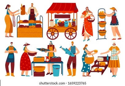 People on marketplace, buying and selling healthy local food, vector illustration. Men and women on market, baker selling bread, people buying seafood and cheese. Isolated cartoon character flat style