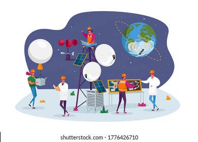 People on Meteorological Station Concept. Tiny Male and Female Characters around of Tower, Satellite at Earth Orbit. Workers Set Up Equipment and Probe for Weather Control. Cartoon Vector Illustration
