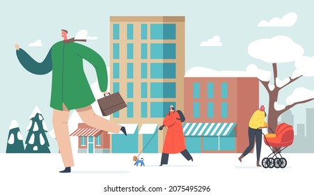 People on Modern Cityscape, Winter Rush on City Street. Characters Walk under Falling Snow. Mother with Baby Stroller, Girl with Dog and Businessman in Warm Clothes. Cartoon People Vector Illustration