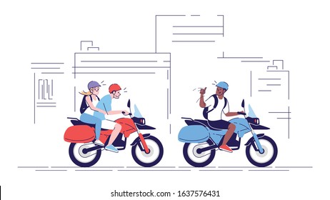 People on motorcycles flat doodle illustration. Tourists riding bikes in city. Couple using local transport with guide. Indonesia tourism 2D cartoon character with outline for commercial use