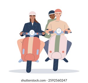 People on motorcycles. Group of happy men and women friends riding bikes and scooters wearing protective helmets. Characters on vehicle. Flat vector illustration isolated on background