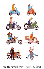 People on motorcycles set. Characters in helmets ride bike or scooter, quickly deliver food and packages. Ride, transport and trip concept. Cartoon flat vector collection isolated on white background