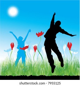 People on the nature, grass, flowers