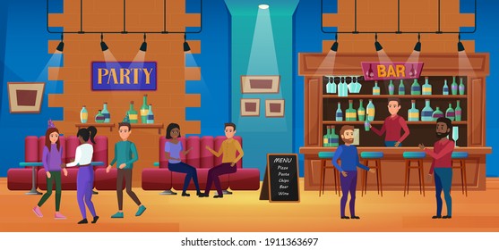 People on nightlife fun bar party vector illustration. Cartoon flat man woman friend characters talking, sitting at tables, ordering alcohol drinks from bartender at counter of nightclub background