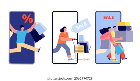 People on online sale. Person get out from smartphone with shopping bags and cart. Happy man woman with discount goods. Virtual store customers vector set