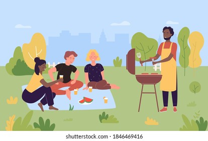 People on outdoor picnic party vector illustration. Cartoon happy young friend group of characters grilling meat, cooking grilled barbecue sausages, bbq food on grill in summer nature background