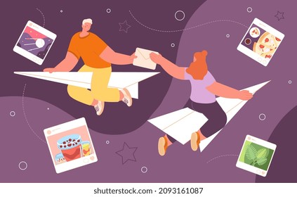 People on paper plane. Abstract online meeting, email sending concept. Flying young man woman, communicate in social media, utter vector concept