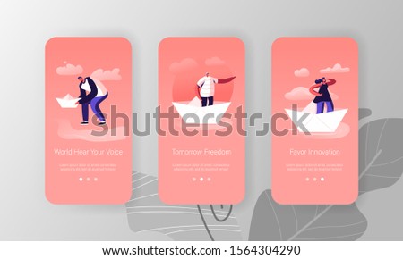 People on Paper Ship Mobile App Page Onboard Screen Set. Woman Looking Forward Man Pointing Way with Hand. Origami Boat Business Hobby Concept for Website or Web Page. Cartoon Flat Vector Illustration