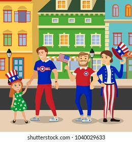 People on the parade of Independence Day. Colofrul flat background.