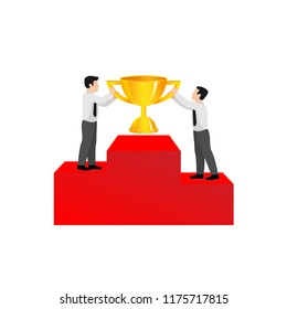 People on pedestal holding golden cup  - vector concept with two businessman in podium with award of first place - illustration of victory, success, prize