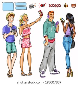 People on phone, chatting, taking pictures, texting, etc.