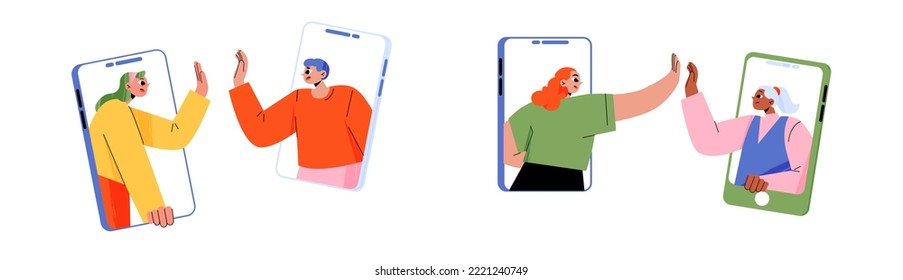 People On Phones Give High Five. Video Call Or Mobile Chat Conversation. Friends Hit The Palms On Smartphones Screens In Chat Messenger. Online Distant Communication, Linear Flat Vector Illustration