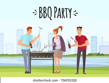 People on picnic or Bbq party. Young Man and woman cooking steaks and sausages on grill. Vector illustration.