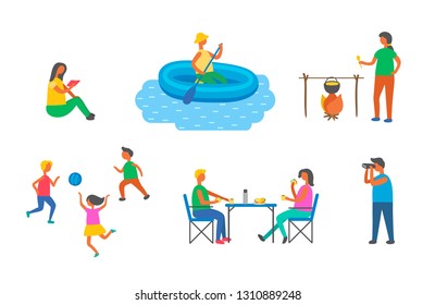 People on picnic and camping vector, pastime free time. Playing children with ball, man in inflatable ship sailing, woman reading, cooking and eating