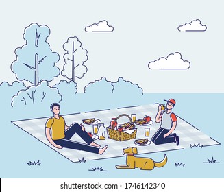 People on picnic in park. Outdoor recreation concept. Two young boys friends with dog sitting on blanket eating in fresh air on vacation or weekend. Cartoon linear vector illustration