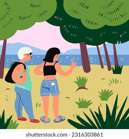 People on a picnic on the riverbank.  Vector illustration in doodle style.