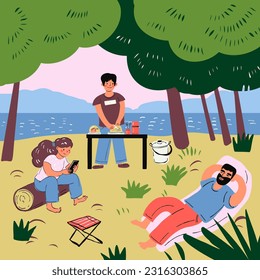 People on a picnic on the riverbank.  Vector illustration in doodle style.