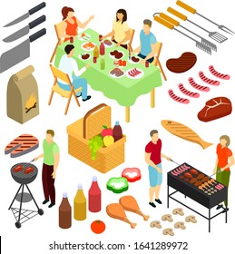 People on picnic vector illustration. Man and woman frying meat and sausages bbq outdoor. Isometric set of food, knifes, barbecue tools and tasty meal isolated on white background.