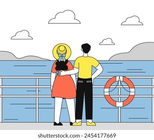 Personas en el muelle simple. Hombre y mujer se paran abrazados y miran al mar o al océano. Viajeros y turistas en países tropicales y exóticos. Crucero en yate o barco. Doodle Ilustración vectorial plana