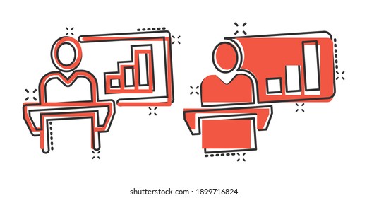 People on podium icon in comic style. Speaker cartoon vector illustration on white isolated background. Audience orator splash effect business concept.