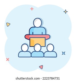 People on podium icon in comic style. Speaker cartoon vector illustration on white isolated background. Audience orator splash effect business concept.