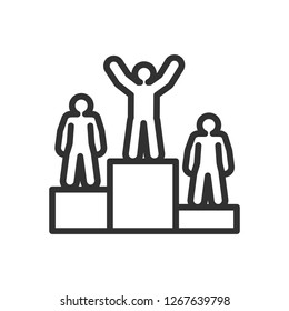 people on podium. winner raised his hands. linear icon. Line with editable stroke