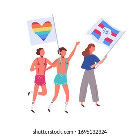 People on pride parade holding rainbow and transgender flags isolated on white background. Lgbtq activists in funny costumes at demonstration. Vector illustration in flat cartoon style