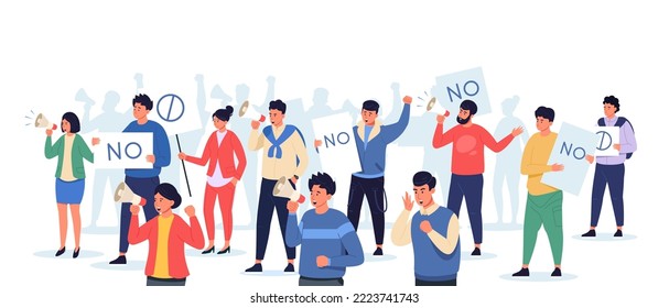 People on protest. Crowd of activists with placards on strike peaceful demonstration, cartoon characters together holding banners. Vector illustration. Group of man and woman with loudspeakers