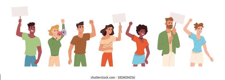 People on protest holding placards and banner signs in hands, vector flat cartoon icons. Angry protesters young and black activists on strike demonstration or manifestation with fists and megaphone