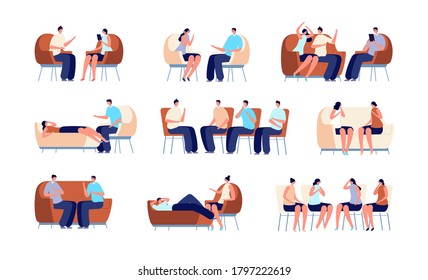 People On Psychotherapy. Group Therapy, Psychologist Talking With Couple. Family Psychology, Person On Couch And Psychoanalyst Vector Set