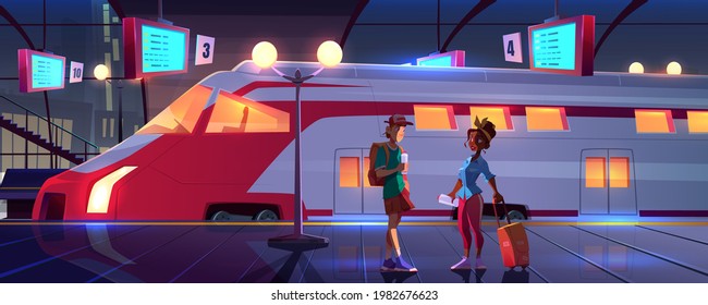 People on railroad station platform with high speed electric train. Passengers waiting commuter for on dark indoor subway area with digital schedule and glow street lamps, Cartoon vector illustration