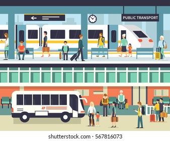 People on railway and bus station. Passengers at bus stop and train platform. Vector concept illustration. Infographic elements.