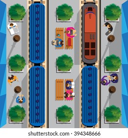 People on the railway platform. View from above. Vector illustration. Applique with realistic shadows.