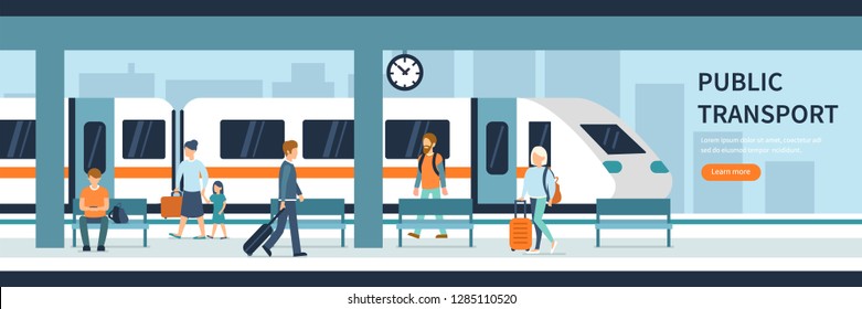 People on railway station. Passengers on train platform. Flat style vector illustration.