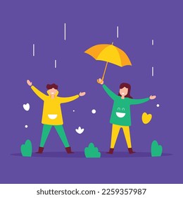 People On Rainy Day Flat Design Character Illustration