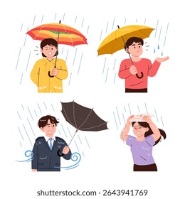 People on a rainy day. Some people are holding umbrellas, while others have their umbrellas flipped over in the wind and are getting rained on.