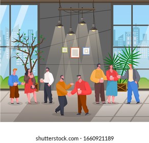 People on reception or conference. Meeting with drinks and food like cakes. Friends spending time together talking with each other. Loft interior with big windows and plants. Vector illustration