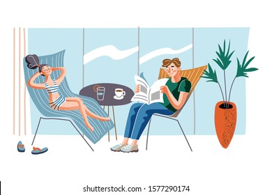 People on recliners flat vector illustration. Couple chilling in chaise longues at home cartoon characters. Smiling man and woman resting with coffee and cocktail. Relax, rest, leisure time