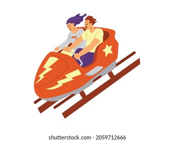 People on roller coaster or Russian mountains rides, flat vector illustration isolated on white background. Young boy and girl riding park attractions.