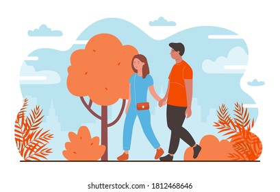 People on romantic date flat vector illustration. Cartoon happy young couple characters dating, walking together in autumn city park, lovers in pair holding hands, romance and love isolated on white