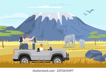 People on safari. Man and woman in car and jeep drive through African savannah and look at tropical and exotic animals. Tourists watching elephants. Cartoon flat vector illustration