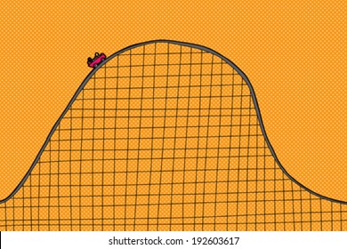 People on scary roller coaster ride on orange background