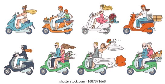 People scooter bikes    modern transport collection and cartoon couples   drivers riding and groceries  flowers   delivery  Flat isolated vector illustration
