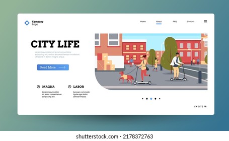 People on scooter landing. Homepage template with characters riding electric scooters, public transport rental service web page concept. Vector layout of public scooter electro illustration