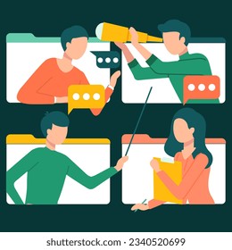 People on screen communicate, look for information and interlocutor, study online. Talk bubble speech and computer monitor icon. Chat online template. Social media communication, comment section