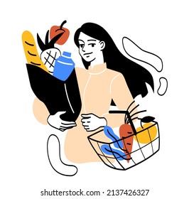 People On Shoping. Girl With Basket And Bag With Fruits And Important Products. Character In Grocery Store. Routine And Household Chores. Healthy Diet, Vegetarian. Cartoon Flat Vector Illustration