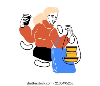 People on shoping. Girl with packages and mug of coffee or tea or from store. Character bought lot of clothes. Fashion and style. Trendy person, adorable woman. Cartoon flat vector illustration