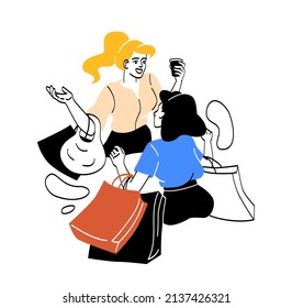 People on shoping. Girls with bags talking. Characters bought fashionable clothes from boutique. Women follow fashion, style and trends. Communication and discussion. Cartoon flat vector illustration