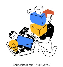 People on shoping. Guy with cart and boxes. Miscellaneous household items. Light bulb and collection of plates and mugs. Electrical Appliances and technical store. Cartoon flat vector illustration